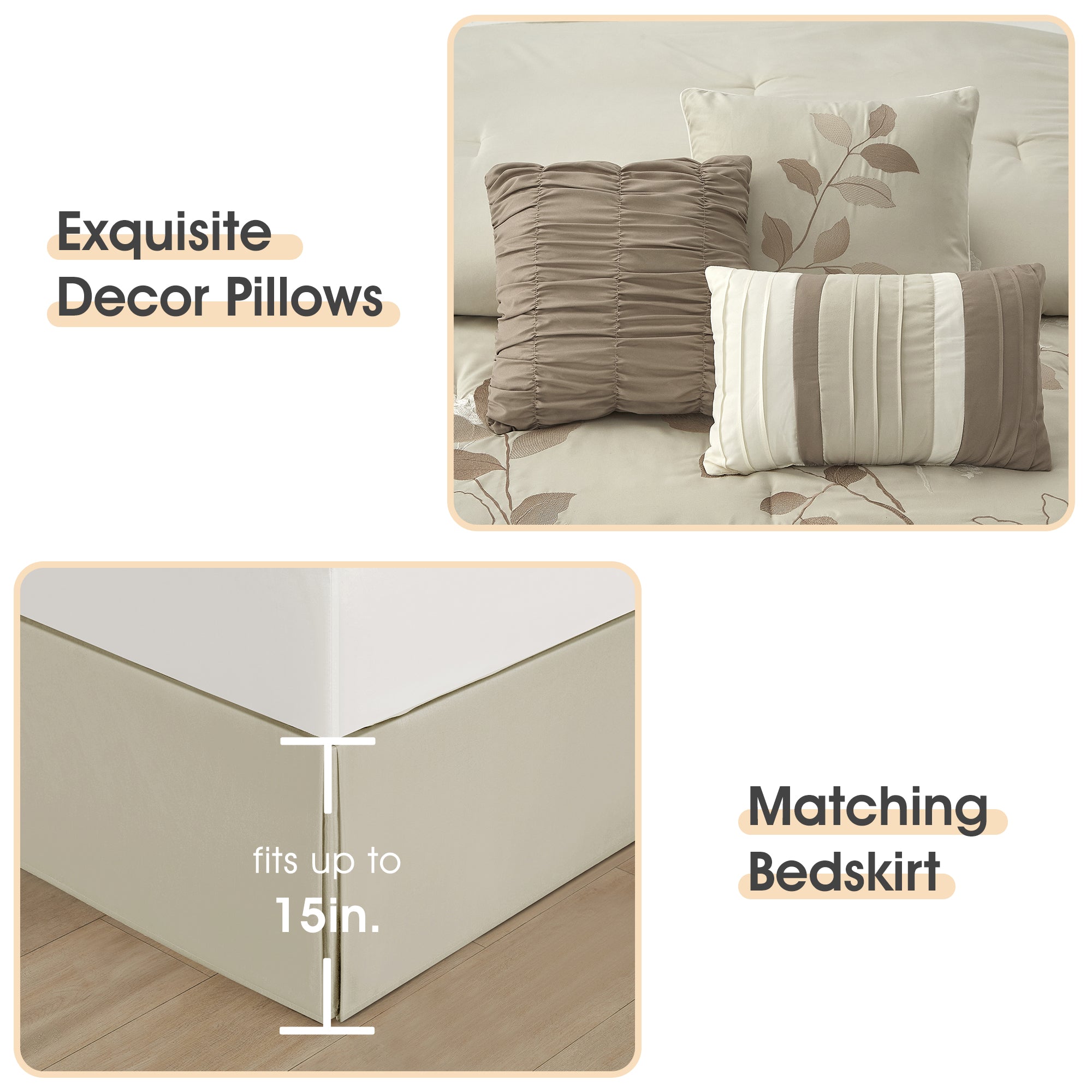LANCO MODERN LIFESTYLE Beige California King Comforter Set, 7 Pieces Bed in a Bag, Elegant Floral Leaves Embroidery, Soft and Lightweight All Seasons Bedding Set, Bedskirt, Pillow Shams, Decor Pillows