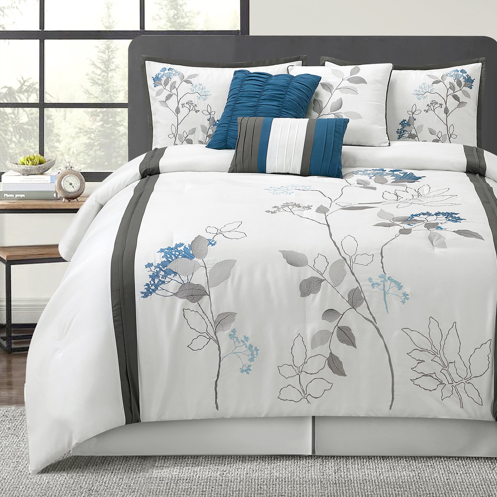 LANCO MODERN LIFESTYLE Anissa Comforter Set, 7 Pieces Bed in a Bag, Elegant Floral Leaves Embroidery, Soft and Lightweight All Seasons Bedding Set, Bedskirt, Pillow Shams, Decor Pillows