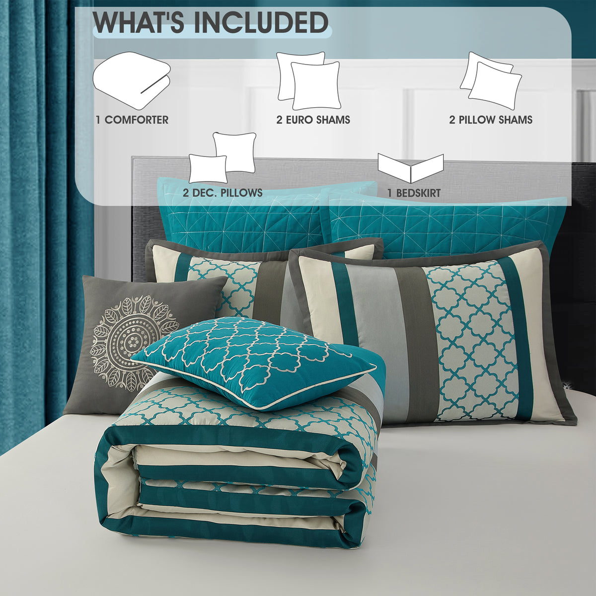 LANCO MODERN LIFESTYLE Comforter Set, Gray Bedding Set, Jacquard Woven with Embroidery, 8 Pieces Bed in a Bag, Bed Skirt, Shams and Decorative Pillows