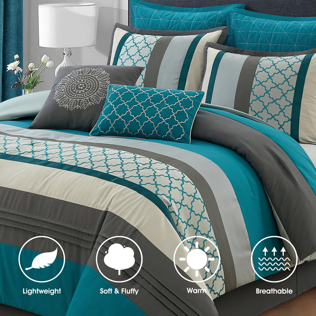 LANCO MODERN LIFESTYLE Comforter Set, Gray Bedding Set, Jacquard Woven with Embroidery, 8 Pieces Bed in a Bag, Bed Skirt, Shams and Decorative Pillows