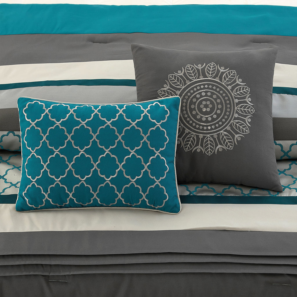 LANCO MODERN LIFESTYLE Comforter Set, Gray Bedding Set, Jacquard Woven with Embroidery, 8 Pieces Bed in a Bag, Bed Skirt, Shams and Decorative Pillows