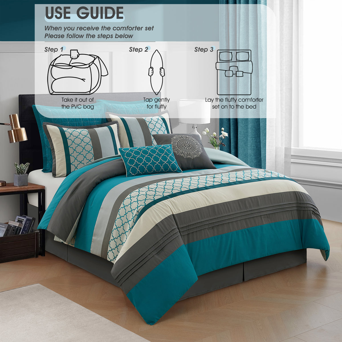 LANCO MODERN LIFESTYLE Comforter Set, Gray Bedding Set, Jacquard Woven with Embroidery, 8 Pieces Bed in a Bag, Bed Skirt, Shams and Decorative Pillows