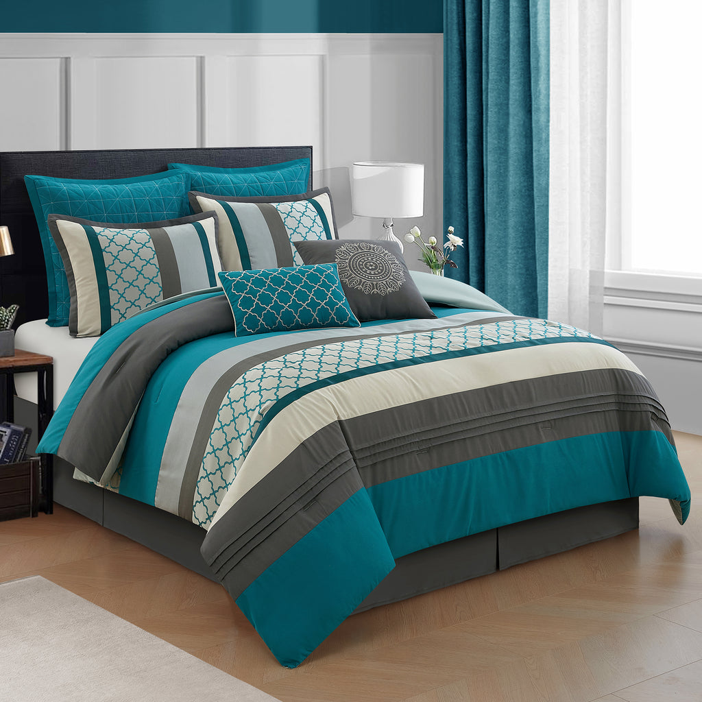 LANCO MODERN LIFESTYLE Comforter Set, Gray Bedding Set, Jacquard Woven with Embroidery, 8 Pieces Bed in a Bag, Bed Skirt, Shams and Decorative Pillows
