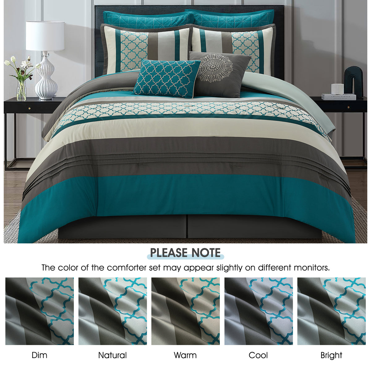 LANCO MODERN LIFESTYLE Comforter Set, Gray Bedding Set, Jacquard Woven with Embroidery, 8 Pieces Bed in a Bag, Bed Skirt, Shams and Decorative Pillows