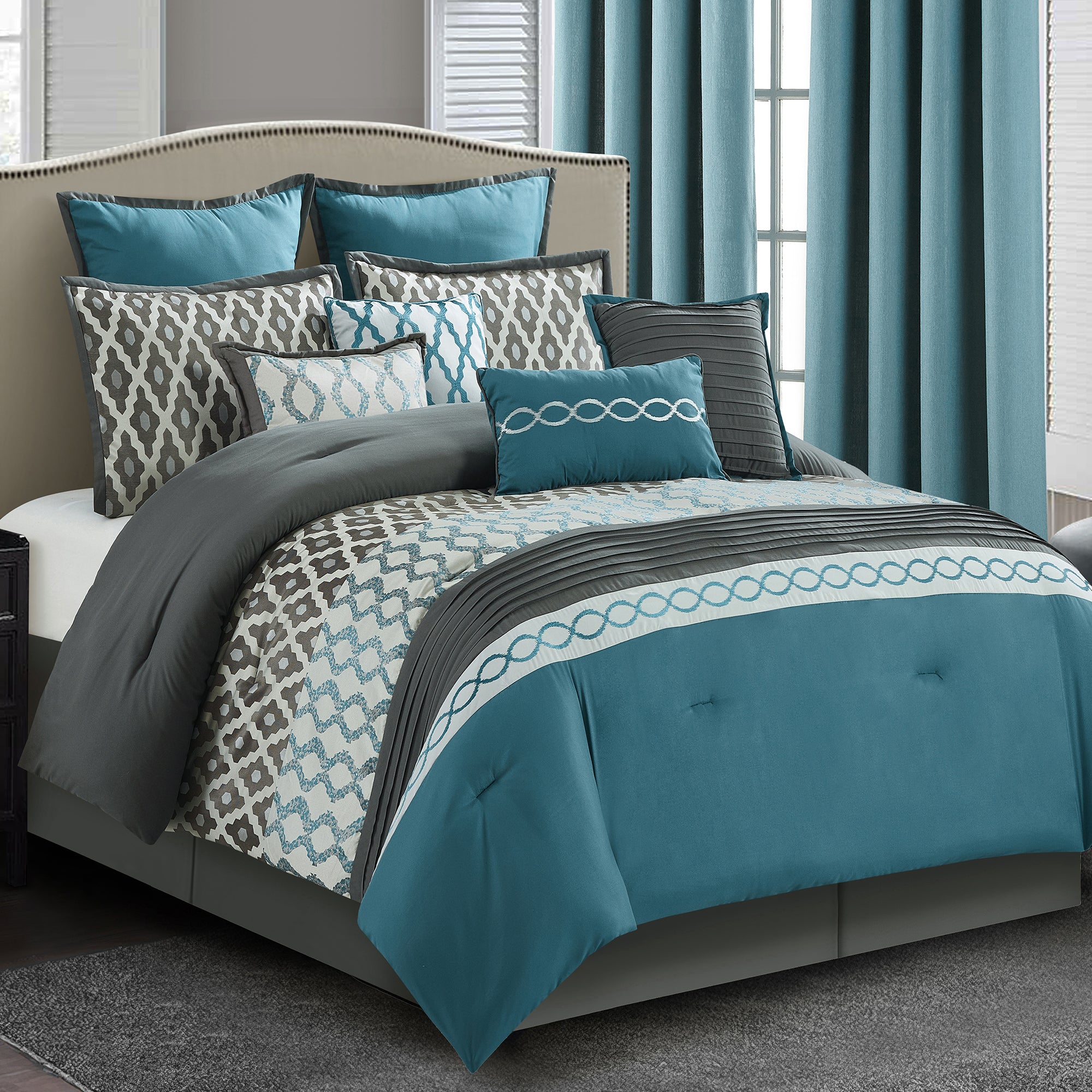 LANCO MODERN LIFESTYLE Comforter Set, Grey Brown, 12 Piece Room in a Bag All Seasons, Luxury Extreme Comfort Bedding Sets with Curtains, Bedskirt, Shams, Euro Shams and Decor Pillows