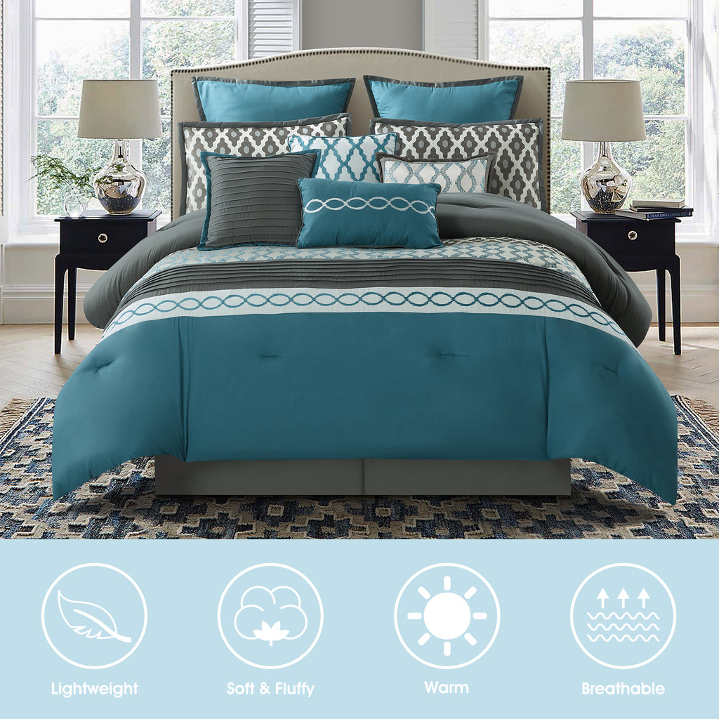 LANCO MODERN LIFESTYLE Comforter Set, Grey Brown, 12 Piece Room in a Bag All Seasons, Luxury Extreme Comfort Bedding Sets with Curtains, Bedskirt, Shams, Euro Shams and Decor Pillows