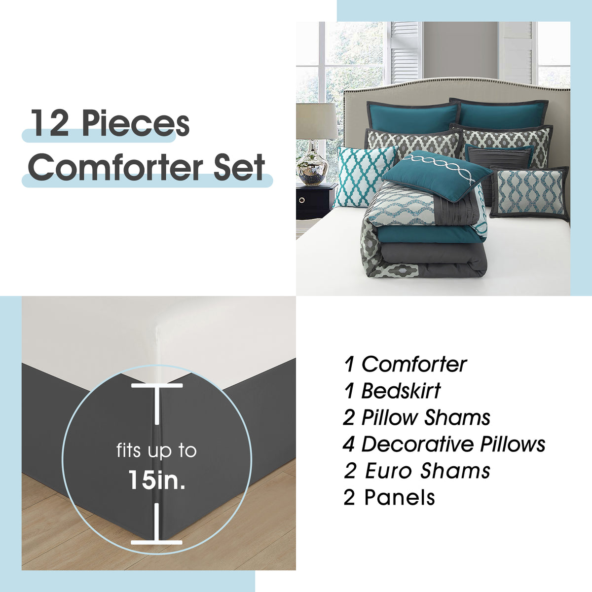 LANCO MODERN LIFESTYLE Comforter Set, Grey Brown, 12 Piece Room in a Bag All Seasons, Luxury Extreme Comfort Bedding Sets with Curtains, Bedskirt, Shams, Euro Shams and Decor Pillows