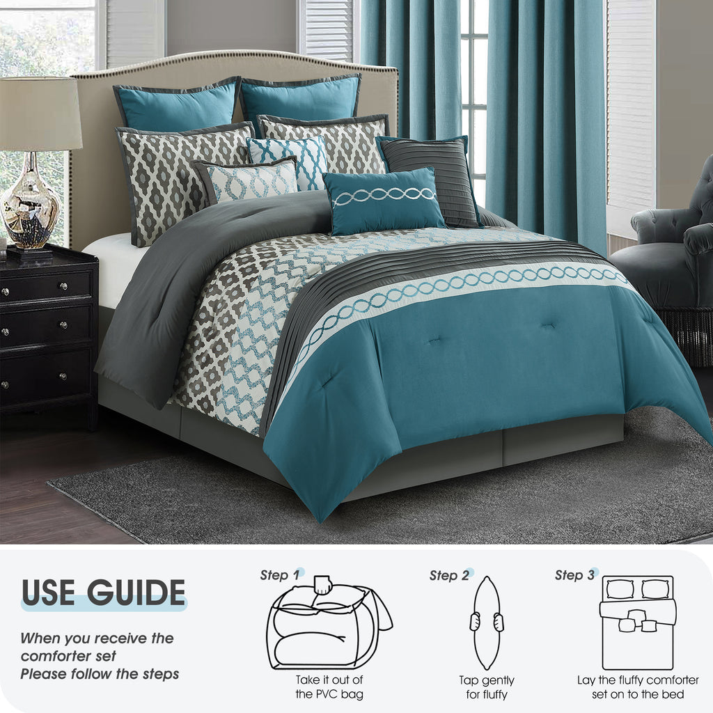 LANCO MODERN LIFESTYLE Comforter Set, Grey Brown, 12 Piece Room in a Bag All Seasons, Luxury Extreme Comfort Bedding Sets with Curtains, Bedskirt, Shams, Euro Shams and Decor Pillows