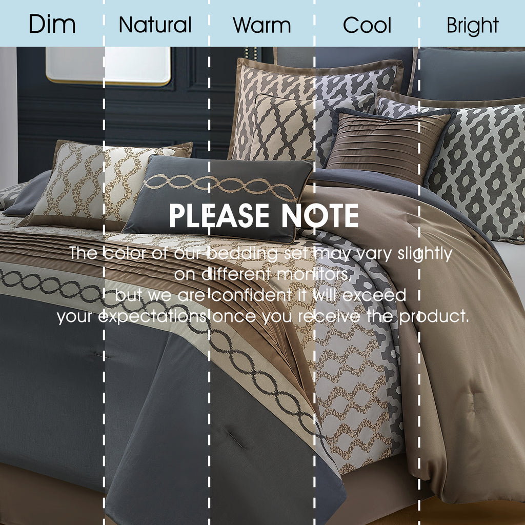LANCO MODERN LIFESTYLE Comforter Set, Grey Brown, 12 Piece Room in a Bag All Seasons, Luxury Extreme Comfort Bedding Sets with Curtains, Bedskirt, Shams, Euro Shams and Decor Pillows