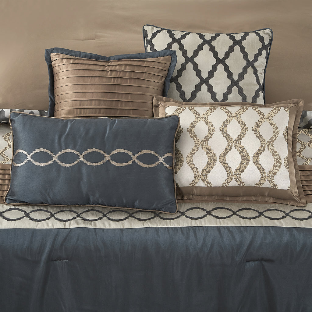 LANCO MODERN LIFESTYLE Comforter Set, Grey Brown, 12 Piece Room in a Bag All Seasons, Luxury Extreme Comfort Bedding Sets with Curtains, Bedskirt, Shams, Euro Shams and Decor Pillows