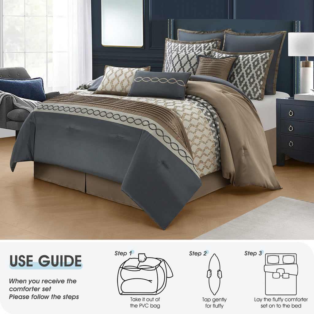 LANCO MODERN LIFESTYLE Comforter Set, Grey Brown, 12 Piece Room in a Bag All Seasons, Luxury Extreme Comfort Bedding Sets with Curtains, Bedskirt, Shams, Euro Shams and Decor Pillows