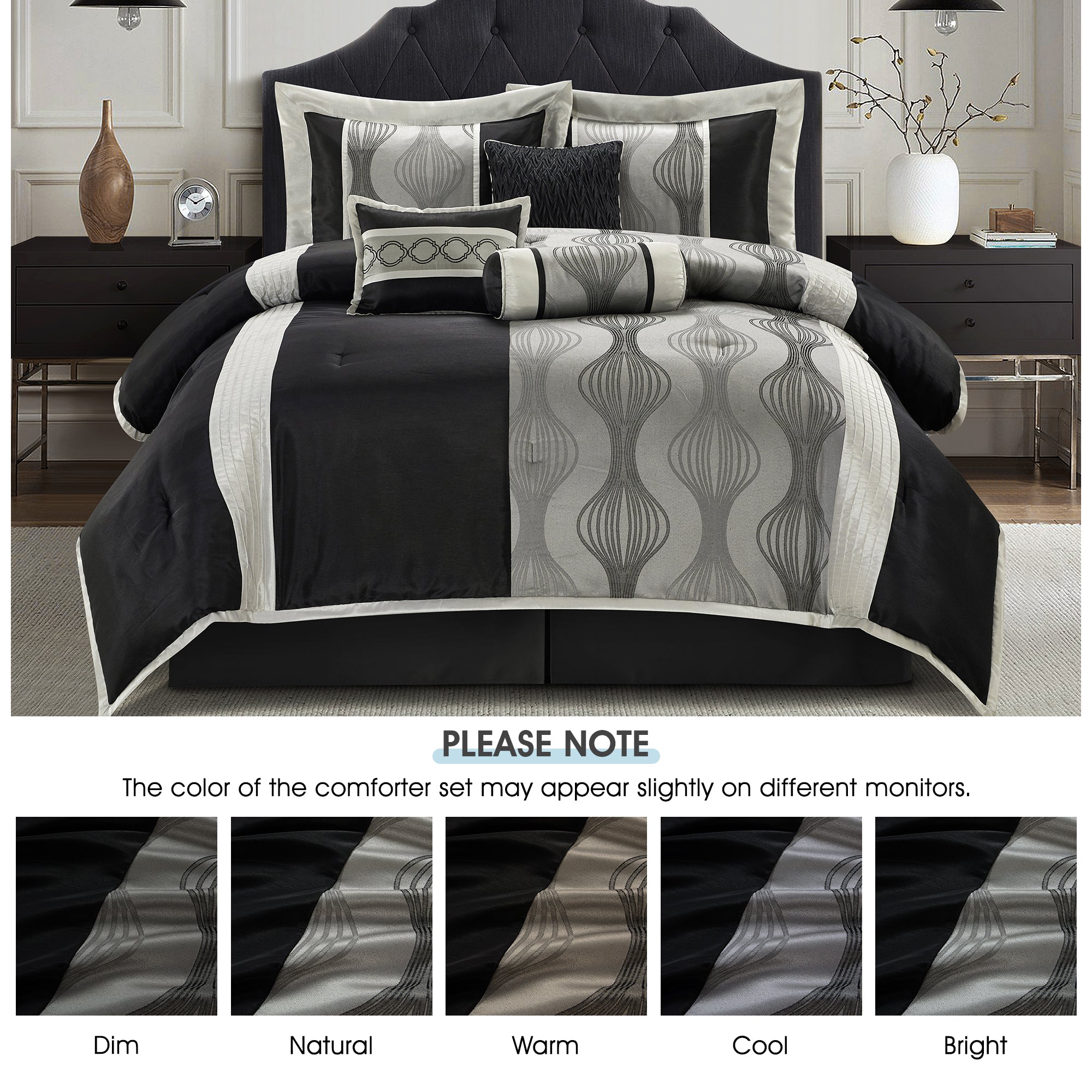 LANCO MODERN LIFESTYLE Kath Comforter Set, 7 Pieces Bed in a Bag, Soft Jacquard with Solid Piecework, Luxury Bed Set with Comforters, Bed Skirt, Pillow Shams and Decorative Pillows
