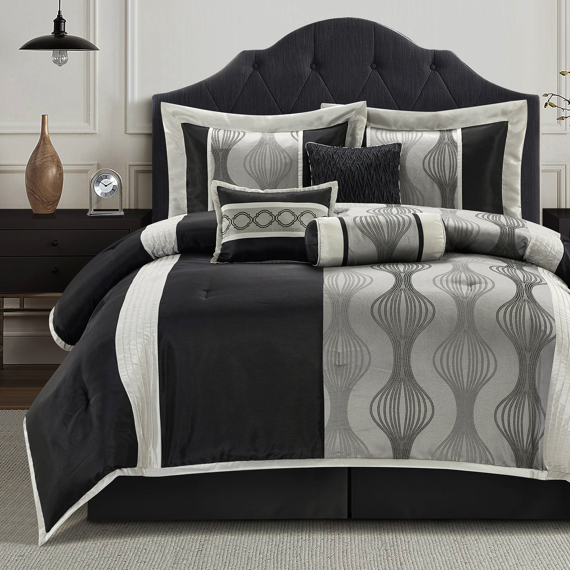 LANCO MODERN LIFESTYLE Kath Comforter Set, 7 Pieces Bed in a Bag, Soft Jacquard with Solid Piecework, Luxury Bed Set with Comforters, Bed Skirt, Pillow Shams and Decorative Pillows