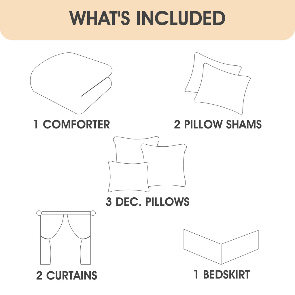 LANCO MODERN LIFESTYLE Comforter Set, Taupe, Geometric Jacquard with Solid Patchwork, 9 Piece Luxury Bed Set with Comforter, Pillow Shams, Bed Skirt, Decor Pillows and Curtains