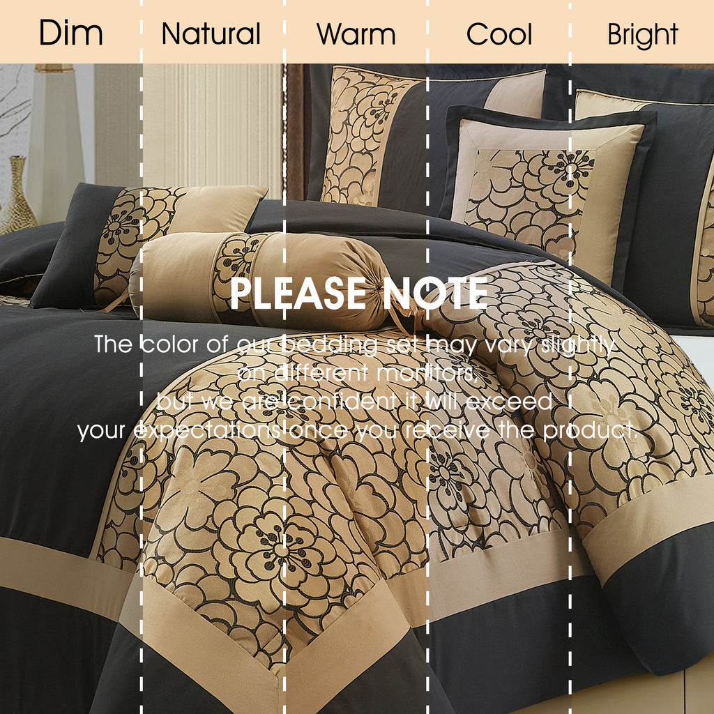 LANCO MODERN LIFESTYLE 9 Piece Comforter Set, Black Gold, Elegant Floral Jacquard, Stylish and Cozy Bedding Collection, Premium Bedding Set with Curtains, Bedskirt, Shams and Pillows