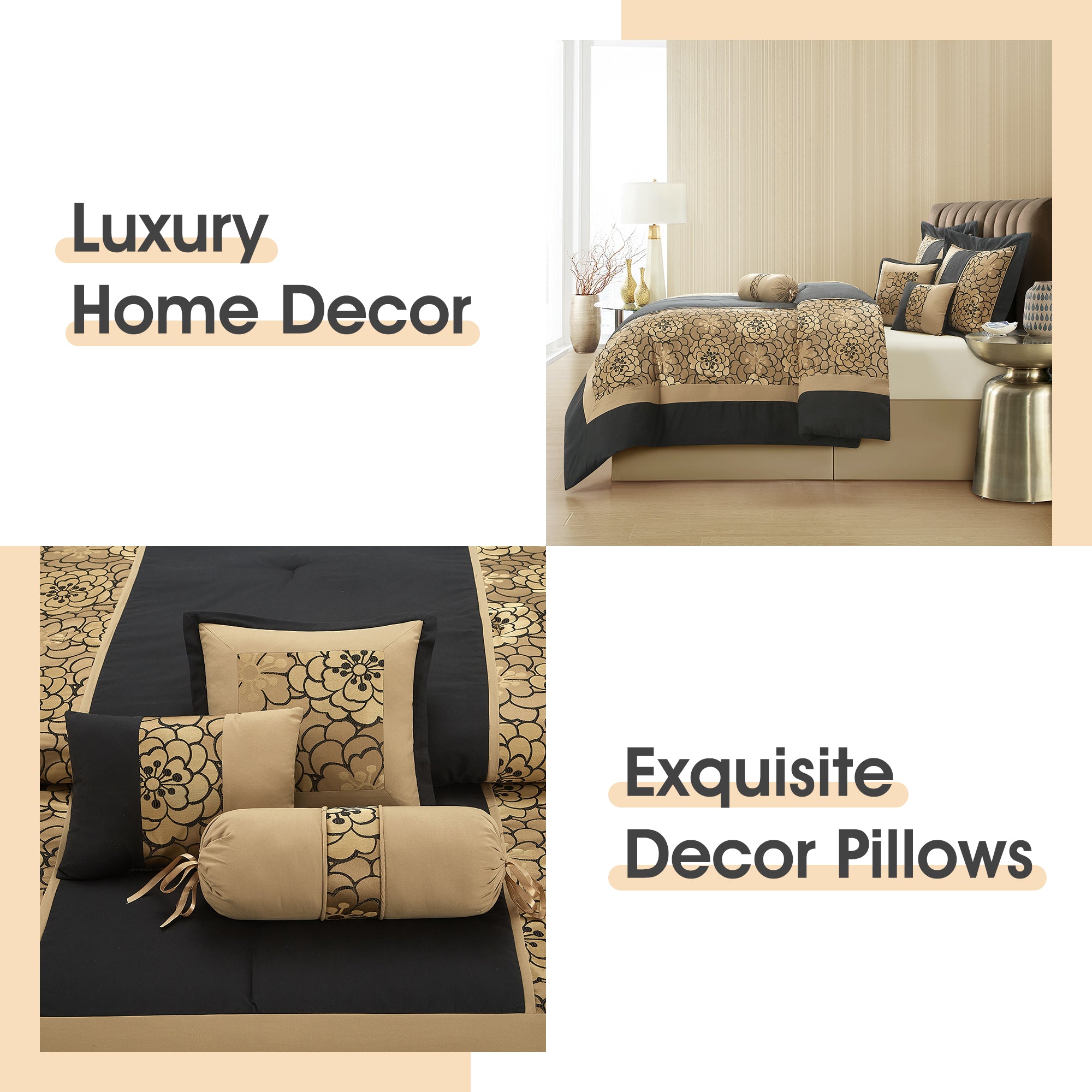 LANCO MODERN LIFESTYLE 9 Piece Comforter Set, Black Gold, Elegant Floral Jacquard, Stylish and Cozy Bedding Collection, Premium Bedding Set with Curtains, Bedskirt, Shams and Pillows