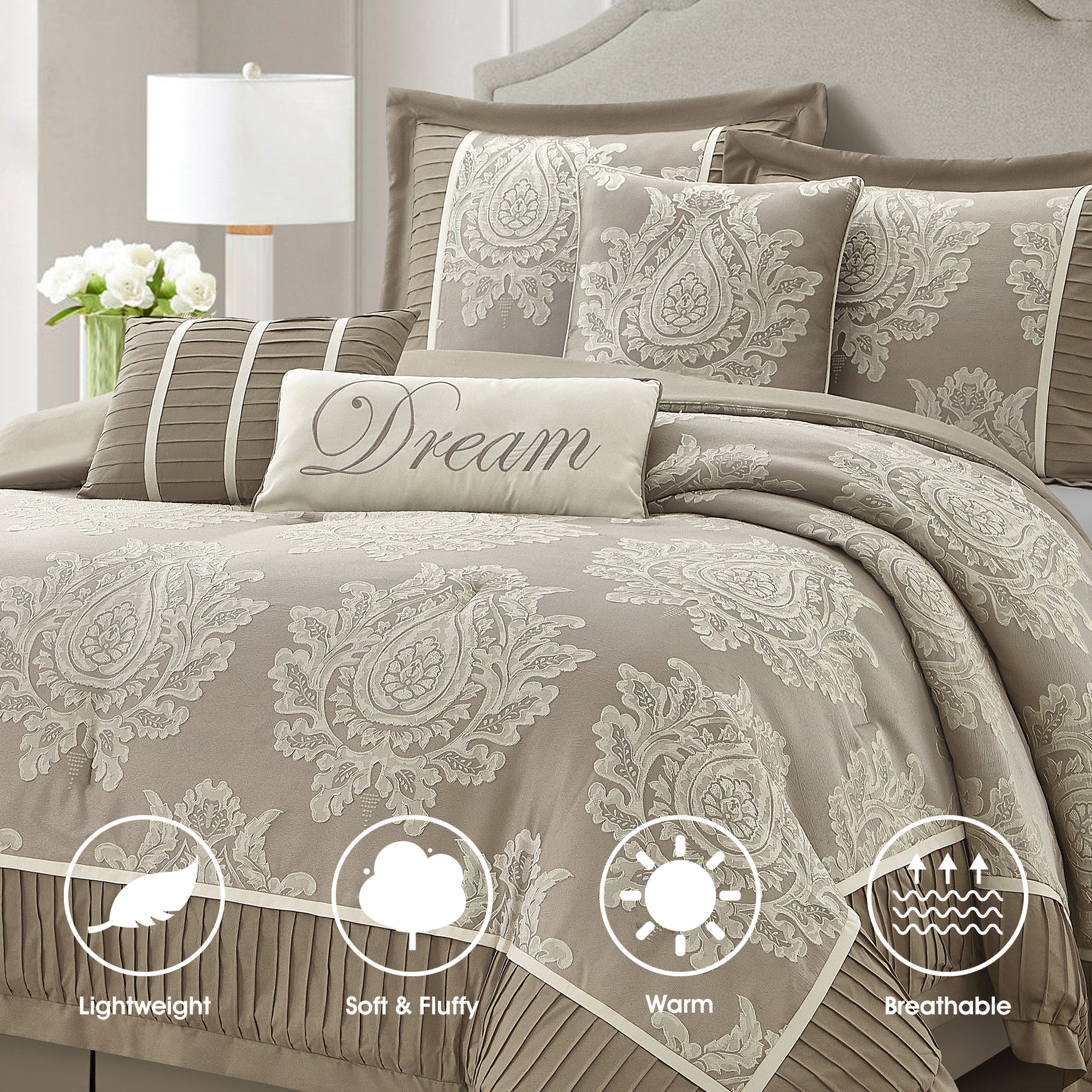 LANCO MODERN LIFESTYLE Therese Comforter Set 7 Pieces, Jacquard Woven with Damask, Bedding Set in a Bag Includes Comforter, Bed Skirt, Pillow Shams, and Decorative Pillows