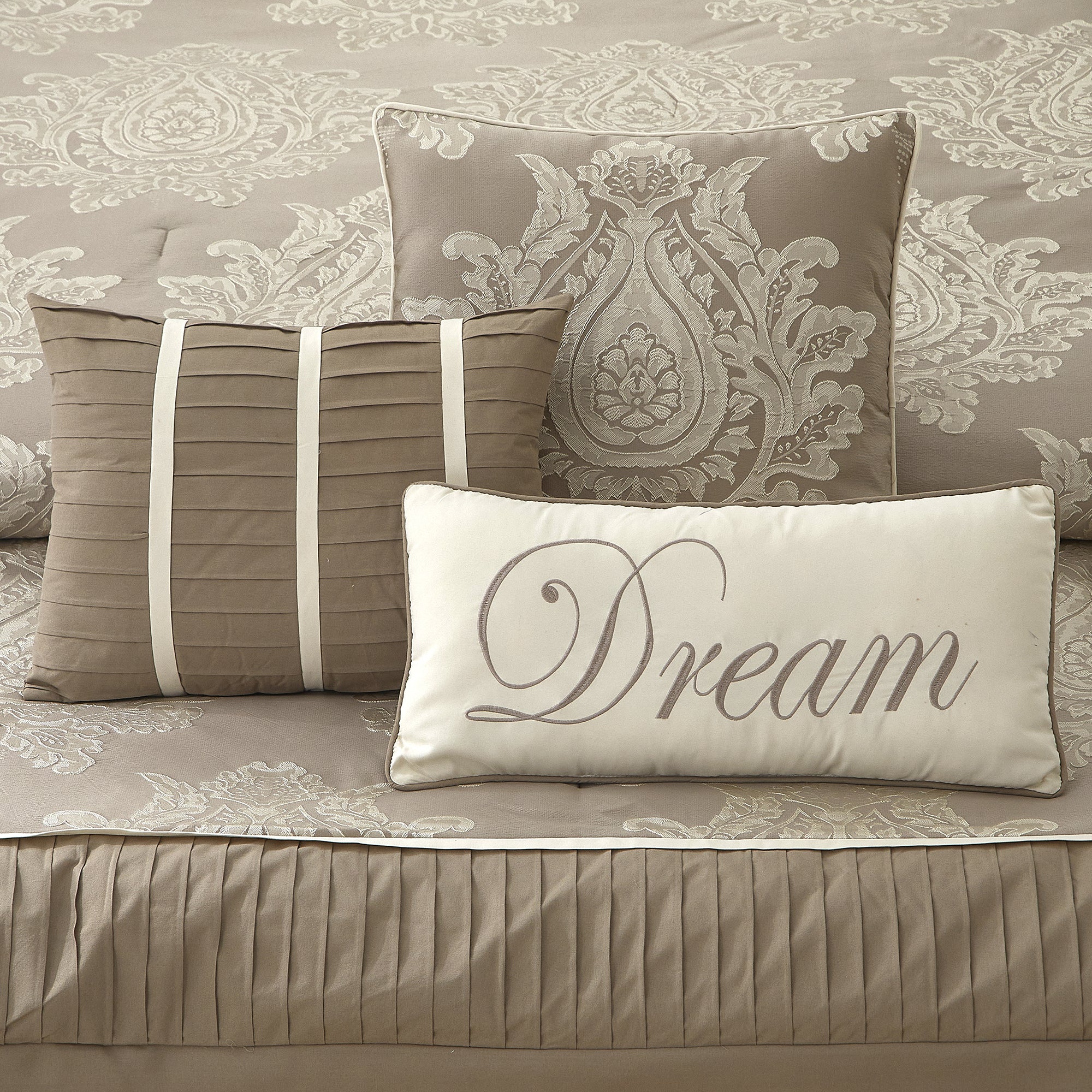 LANCO MODERN LIFESTYLE Therese Comforter Set 7 Pieces, Jacquard Woven with Damask, Bedding Set in a Bag Includes Comforter, Bed Skirt, Pillow Shams, and Decorative Pillows