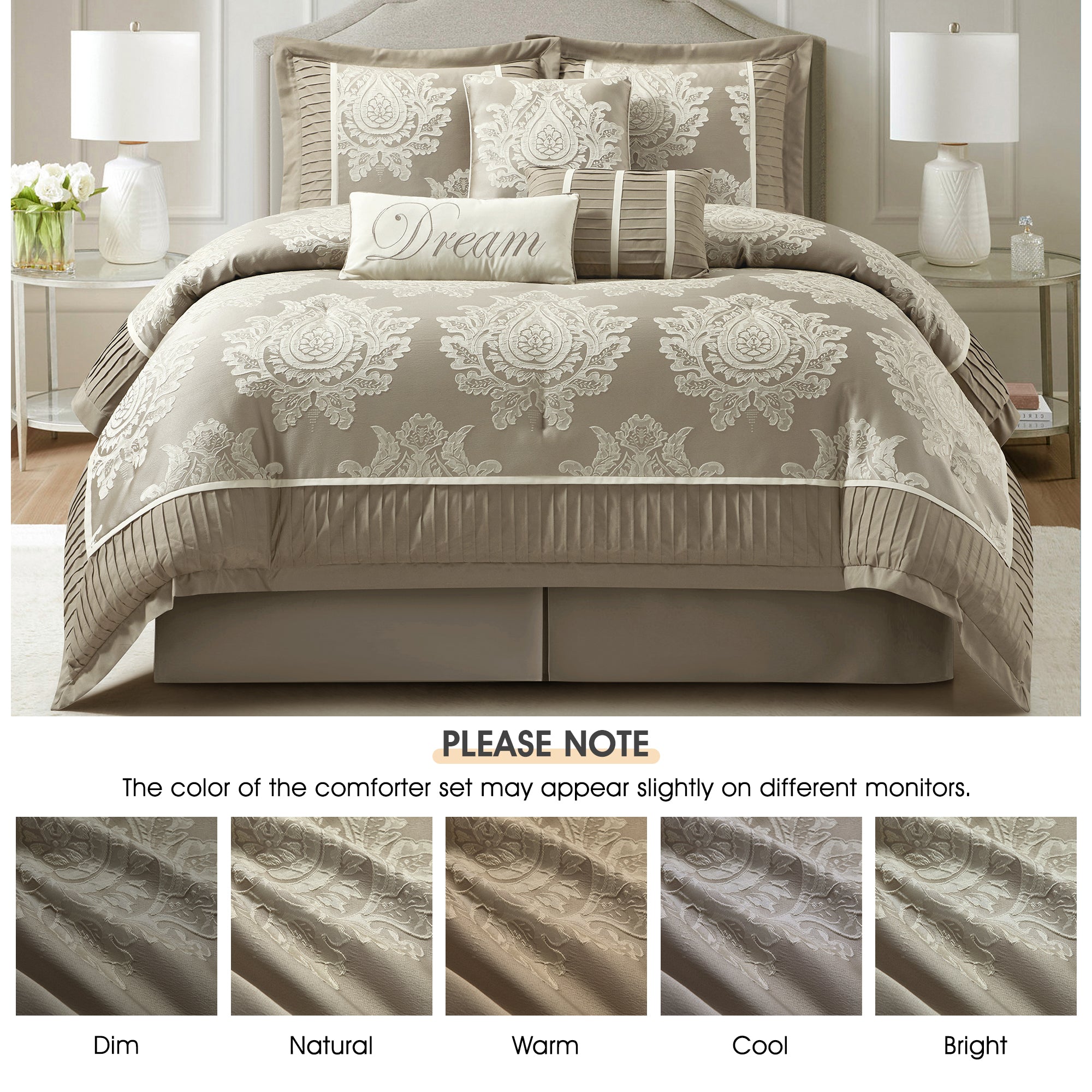 LANCO MODERN LIFESTYLE Therese Comforter Set 7 Pieces, Jacquard Woven with Damask, Bedding Set in a Bag Includes Comforter, Bed Skirt, Pillow Shams, and Decorative Pillows