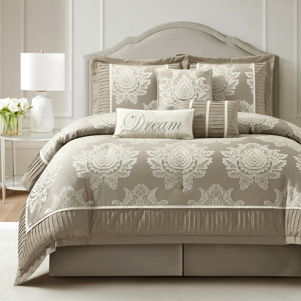 LANCO MODERN LIFESTYLE Therese Comforter Set 7 Pieces, Jacquard Woven with Damask, Bedding Set in a Bag Includes Comforter, Bed Skirt, Pillow Shams, and Decorative Pillows