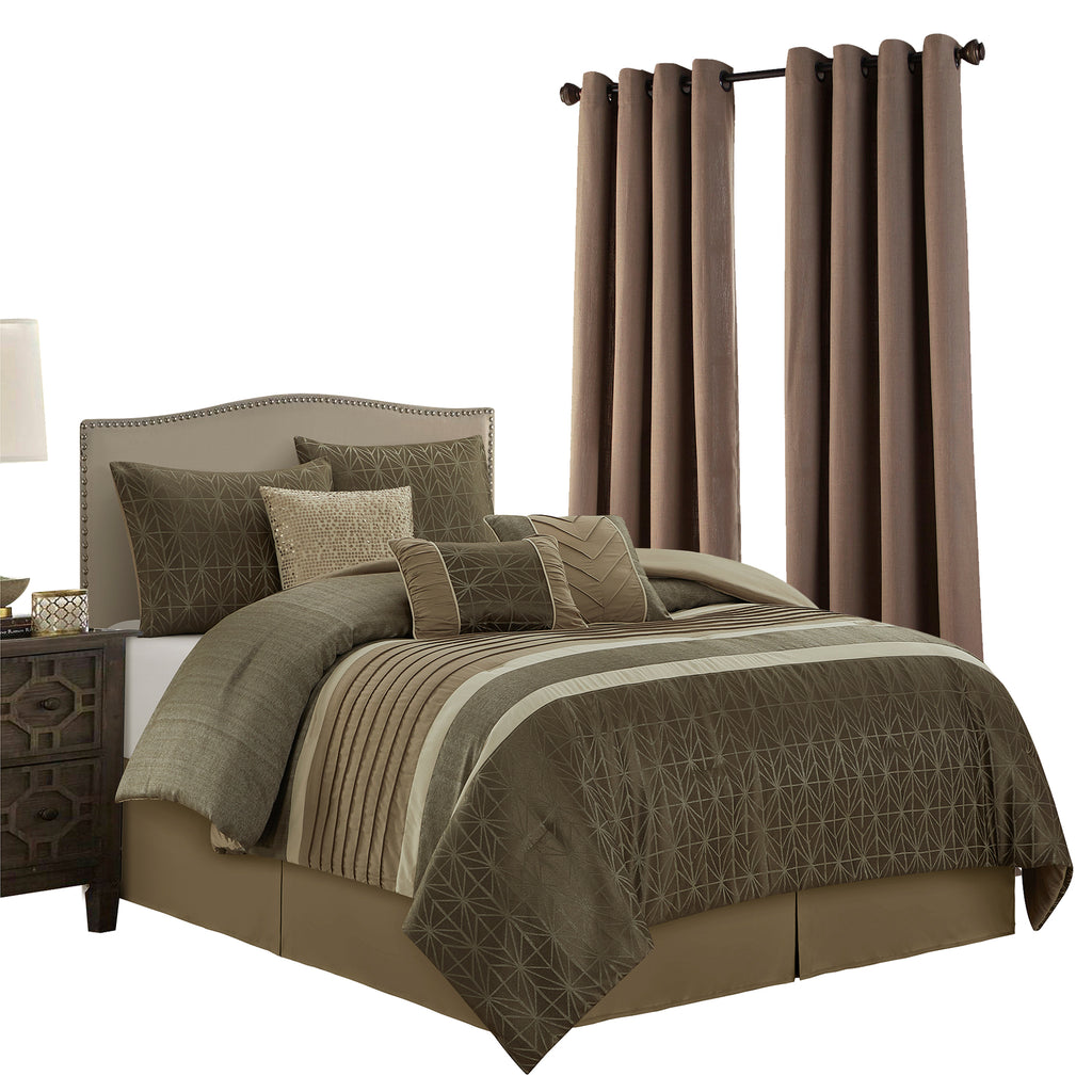 LANCO MODERN LIFESTYLE Comforter Set, Taupe, Geometric Jacquard with Solid Patchwork, 9 Piece Luxury Bed Set with Comforter, Pillow Shams, Bed Skirt, Decor Pillows and Curtains